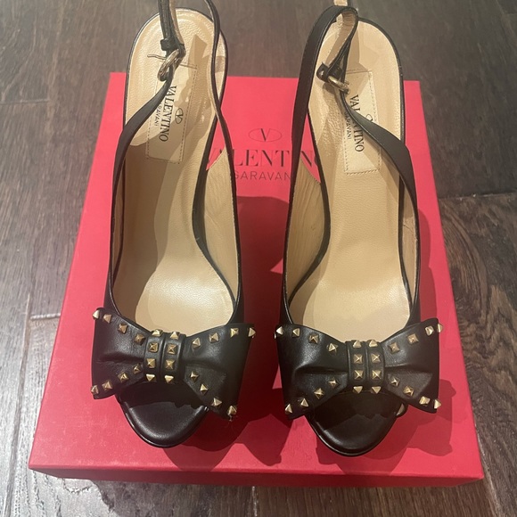 Valentino Black Leather Rockstud Bow Platform Slingback Sandals Size 7 woman - Picture 2 of 9
